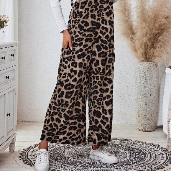 Khaki Casual Women's Leopard Print Pocket Loose Jumpsuit - Picture 4 of 4